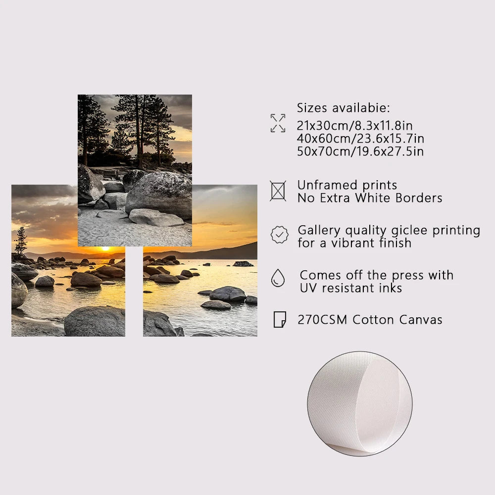 3PCS Frameless Canvas Paintings - Sunset Sea Beach Natural Landscape