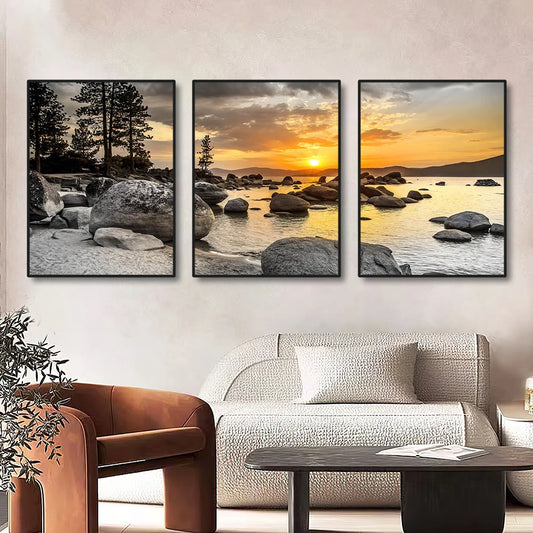 3PCS Frameless Canvas Paintings - Sunset Sea Beach Natural Landscape