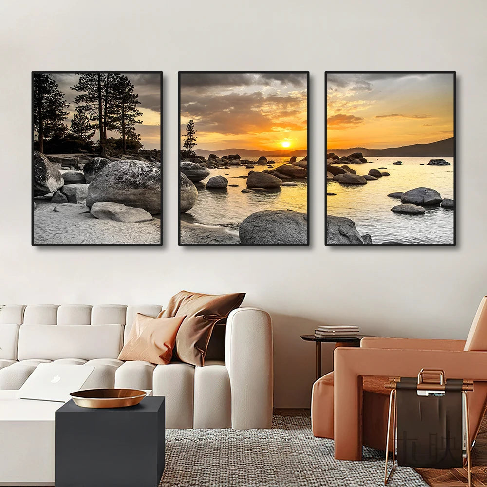 3PCS Frameless Canvas Paintings - Sunset Sea Beach Natural Landscape