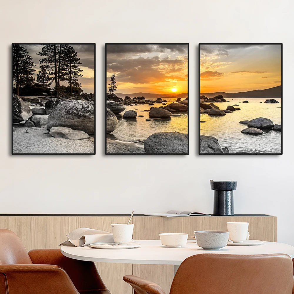 3PCS Frameless Canvas Paintings - Sunset Sea Beach Natural Landscape