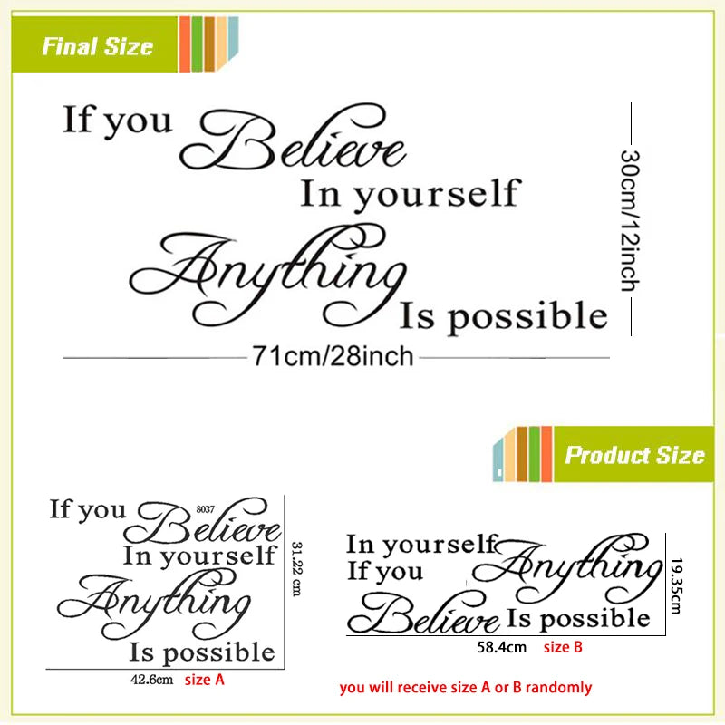 If You Believe In Yourself Anything Is Possible" Inspirational Quotes Wall Decals