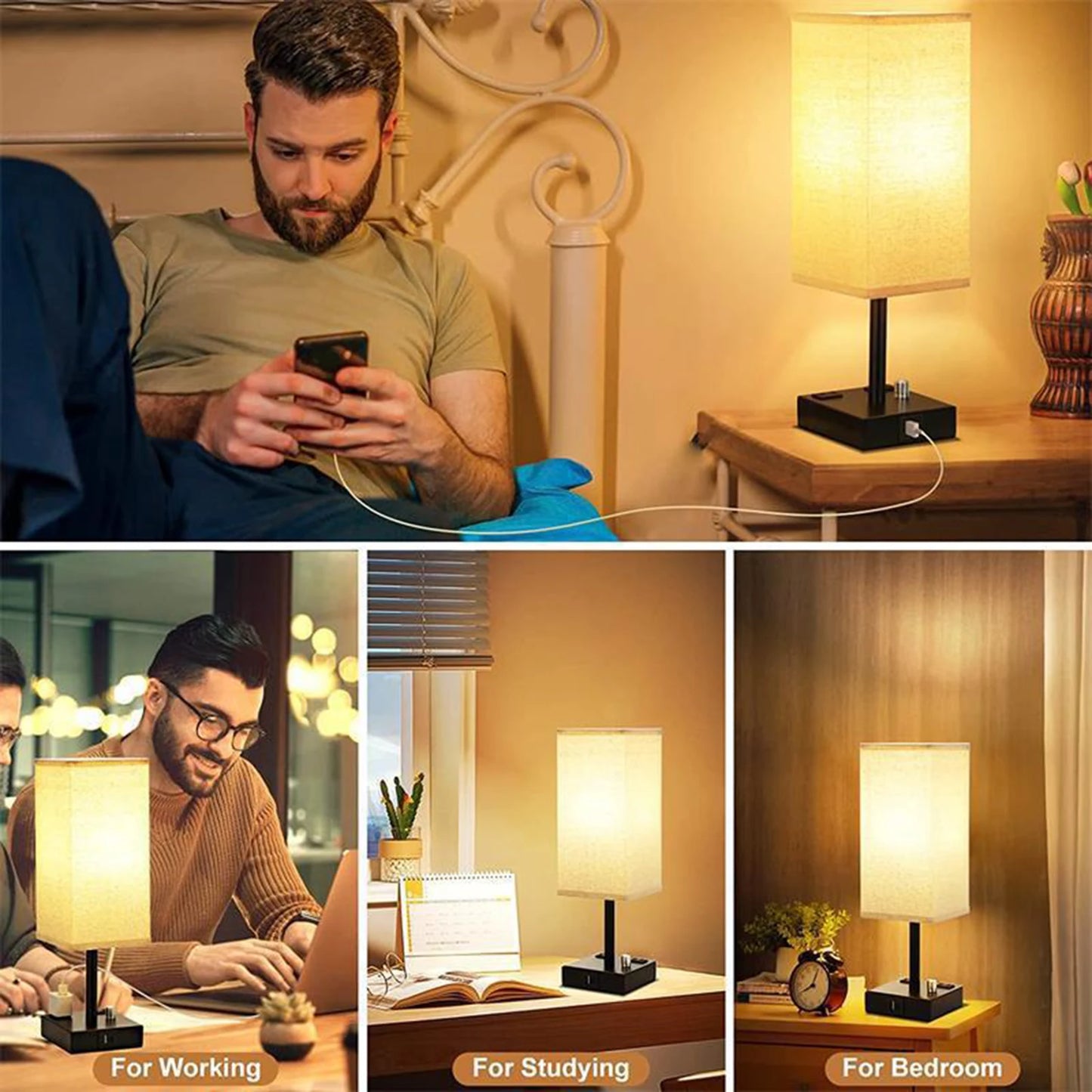 USB Bedside Lamp with Touch Dimming