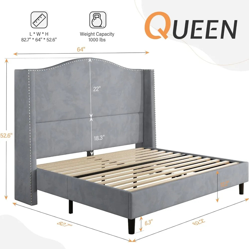 Velvet Upholstered Queen Size Bed Frame 52.6" Tall Headboard