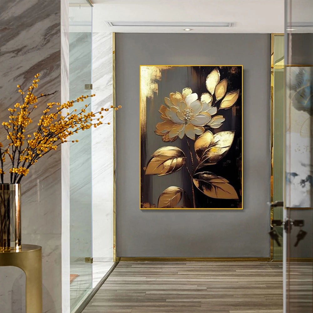 Luxury Golden Blossoms Chrysanthemum Lotus Canvas Painting