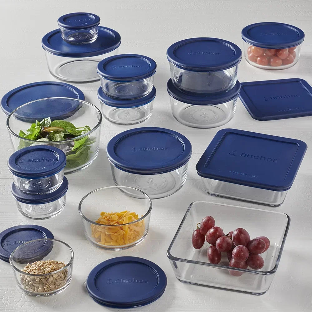 Clear Glass Food Storage Container Set: 30-Piece with Navy Lids