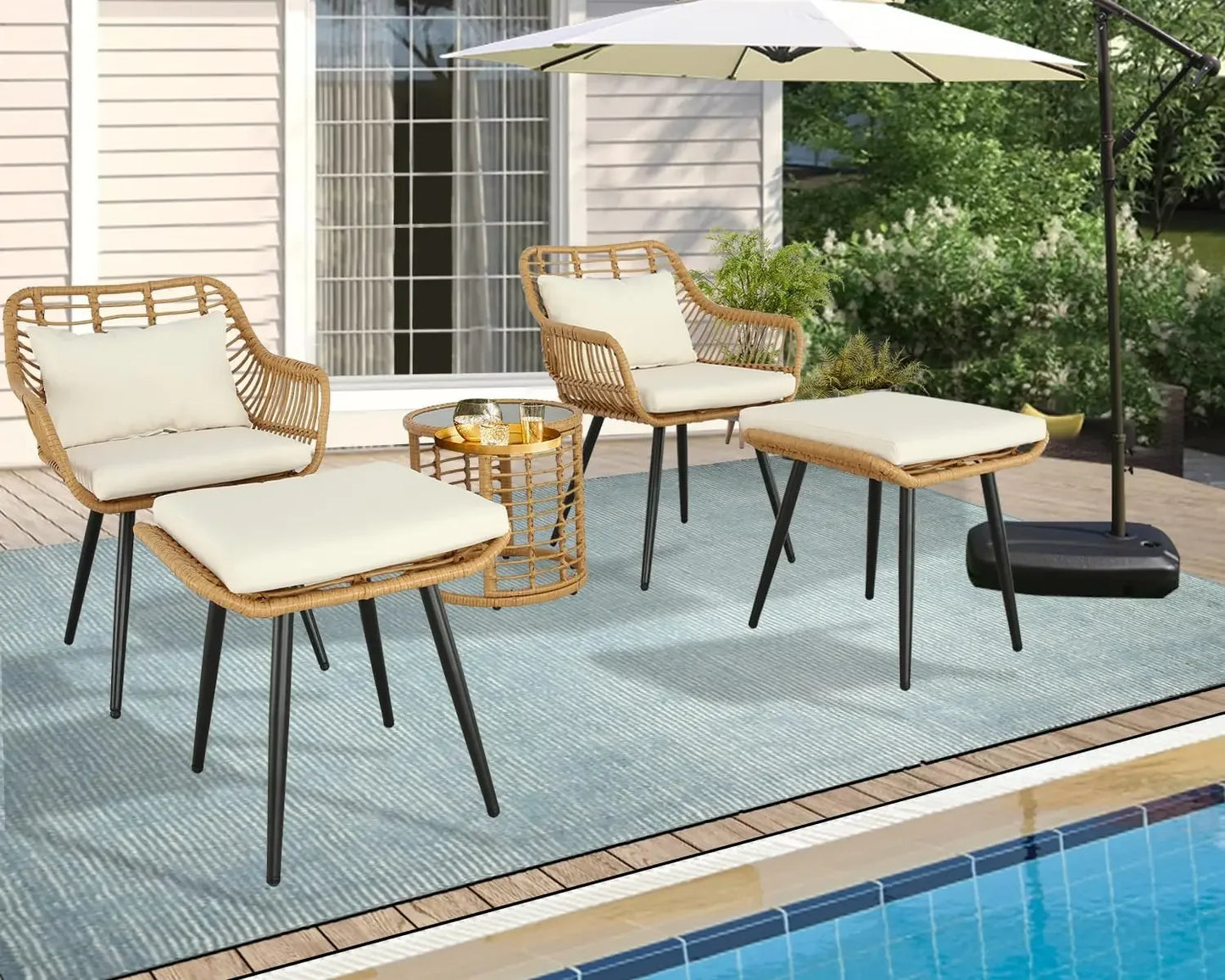 "Outdoor Bistro Set with Rattan Chairs and Side Table"