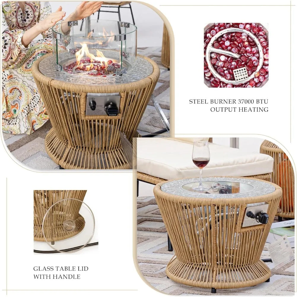 "6 Piece Boho Patio Furniture Set with Propane Fire Pit"