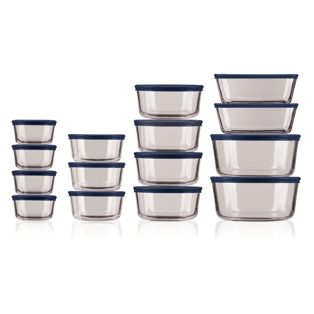 Clear Glass Food Storage Container Set: 30-Piece with Navy Lids