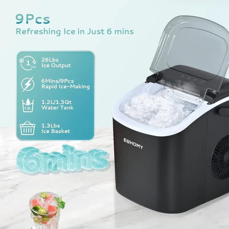 EUHOMY Countertop Ice Maker: 26lbs/24Hrs, 9 Cubes in 6 Mins, Auto-Cleaning, Portable