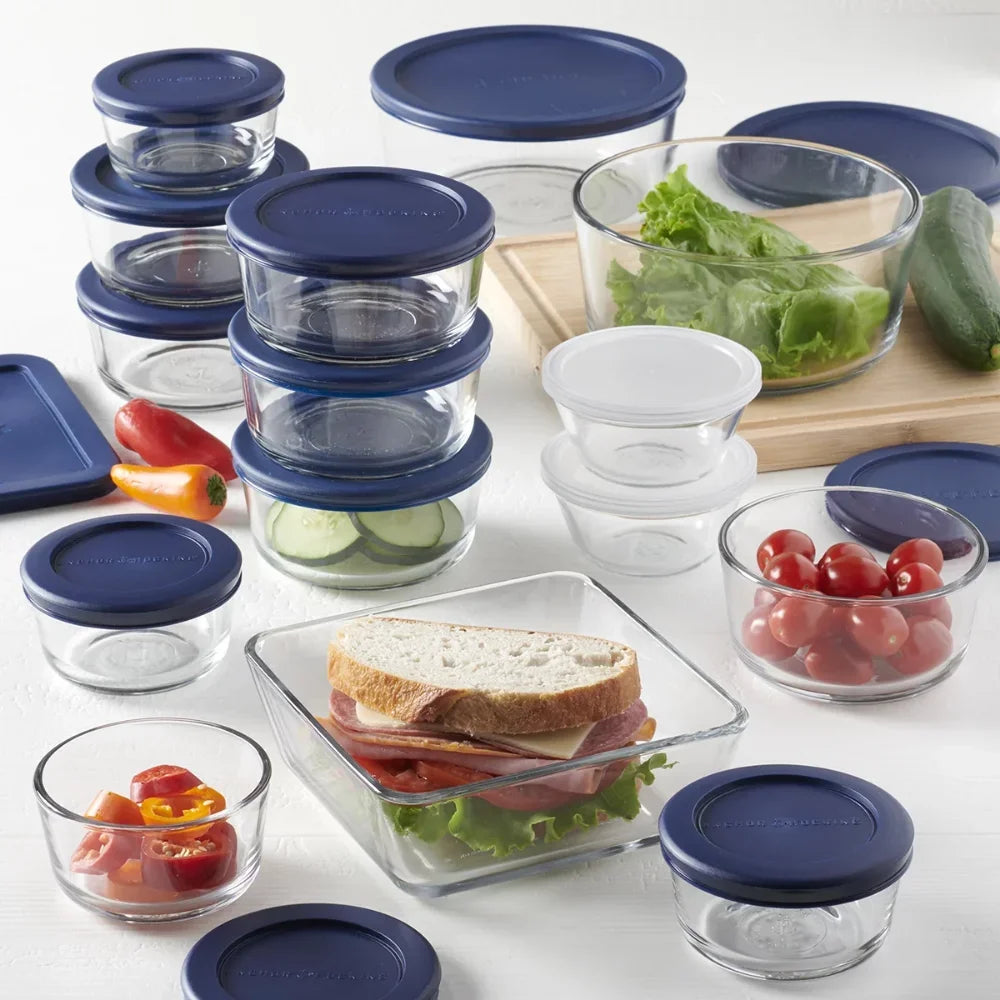 Clear Glass Food Storage Container Set: 30-Piece with Navy Lids