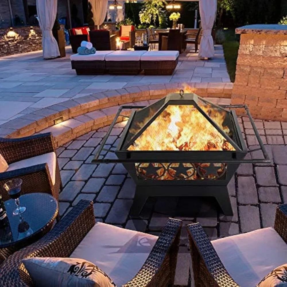 "32" Square Wood Burning Fire Pit for Patio BBQ Camping"