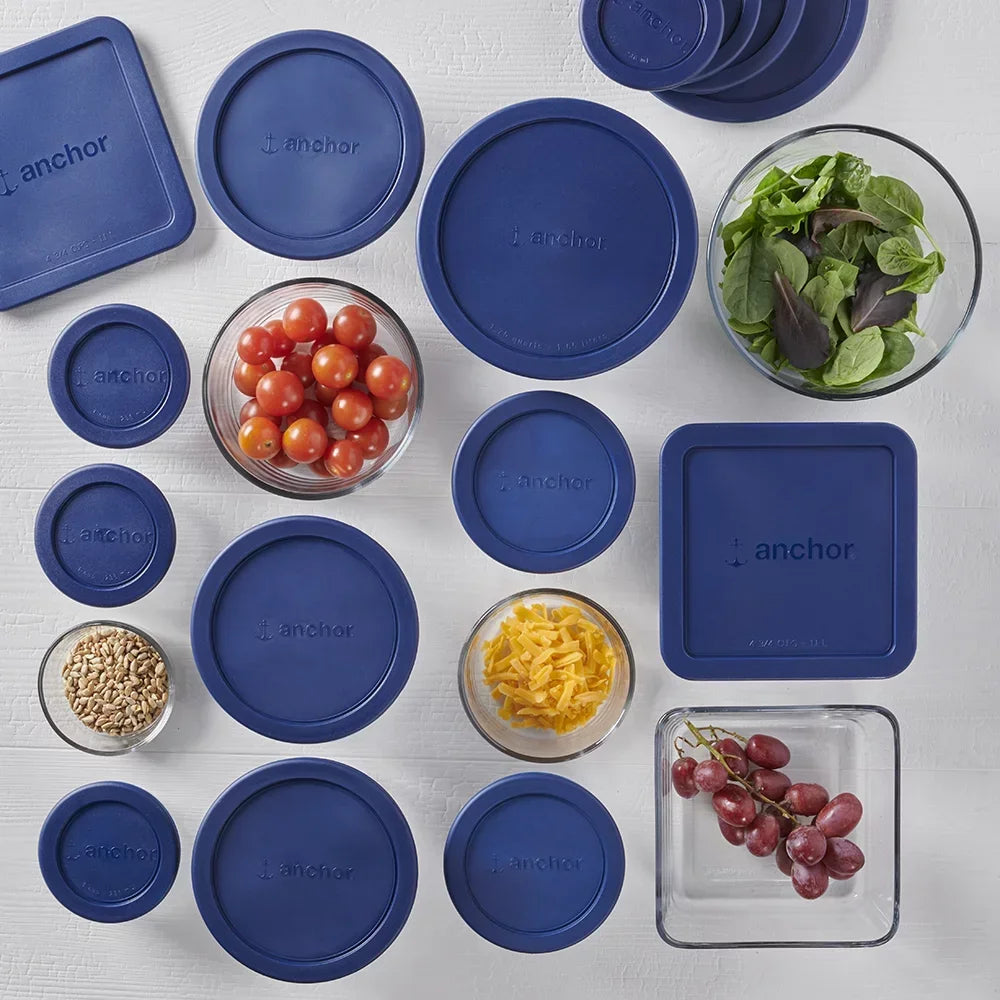 Clear Glass Food Storage Container Set: 30-Piece with Navy Lids