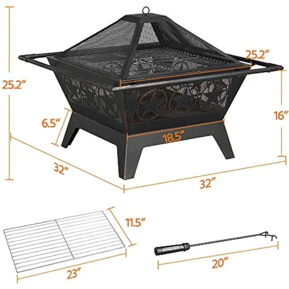 "32" Square Wood Burning Fire Pit for Patio BBQ Camping"