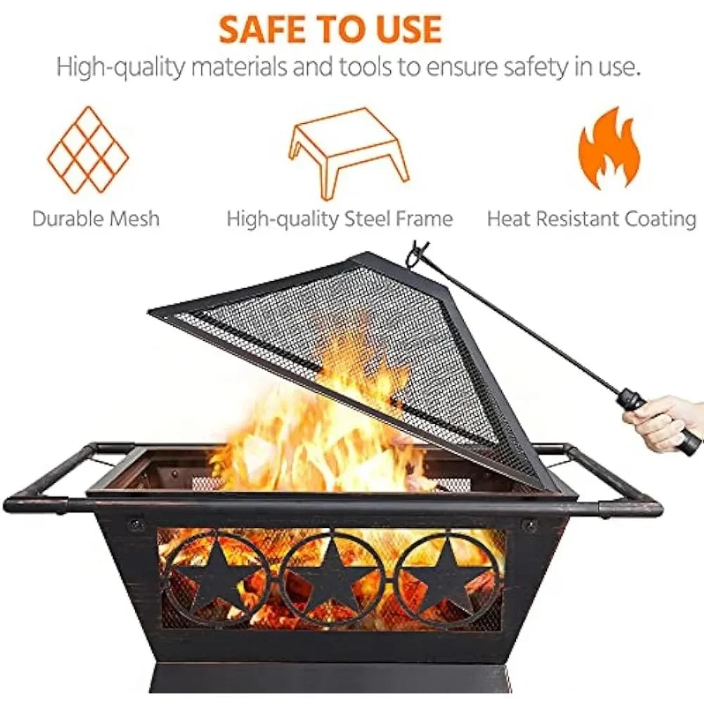 "32" Square Wood Burning Fire Pit for Patio BBQ Camping"