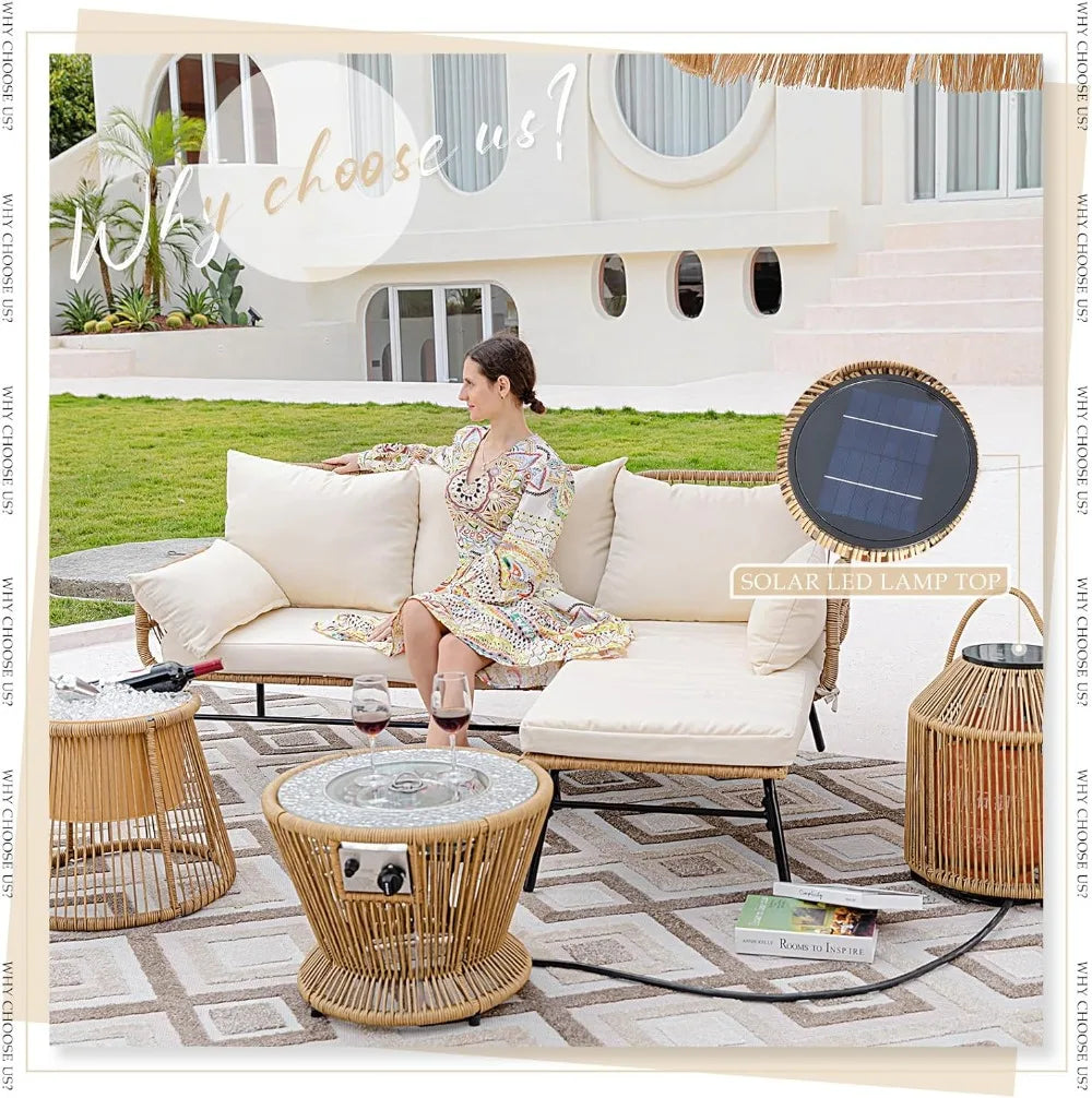 "6 Piece Boho Patio Furniture Set with Propane Fire Pit"