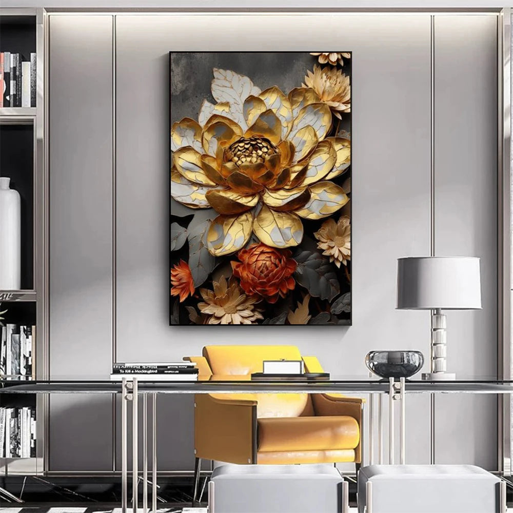 Luxury Golden Blossoms Chrysanthemum Lotus Canvas Painting