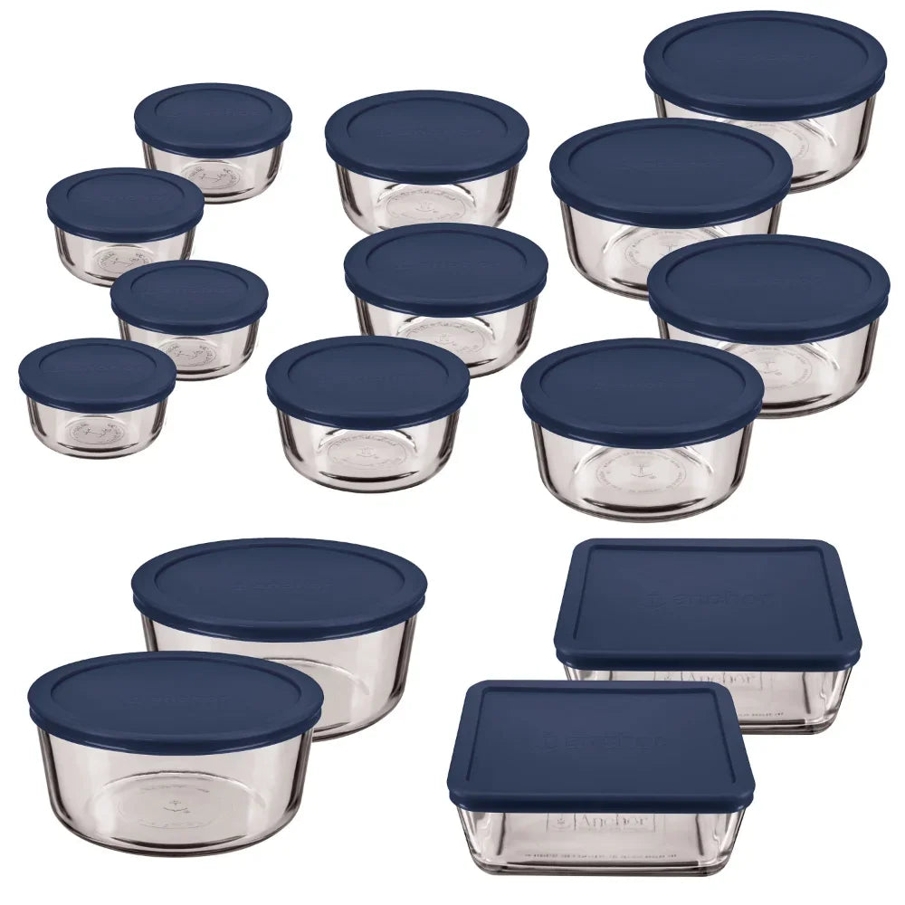 Clear Glass Food Storage Container Set: 30-Piece with Navy Lids