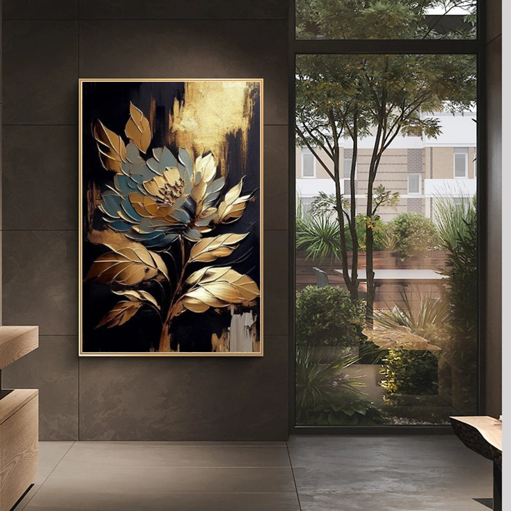 Luxury Golden Blossoms Chrysanthemum Lotus Canvas Painting