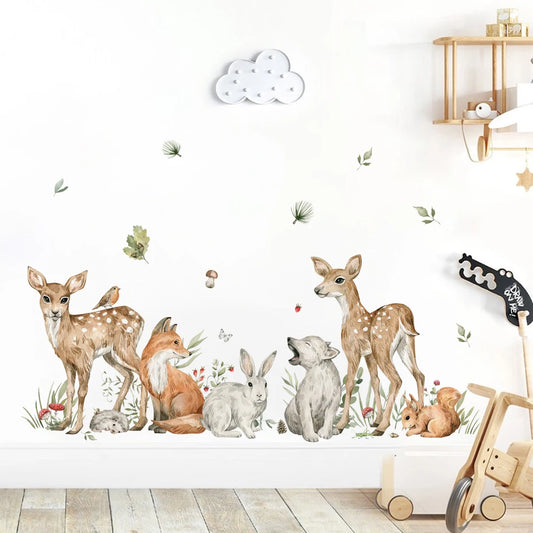 Cartoon Watercolor Forest Animals Deer Plant Wall Sticker