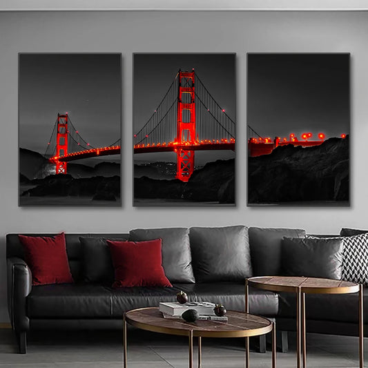 3PCS Frameless Poster - Golden Gate Bridge Night Landscape