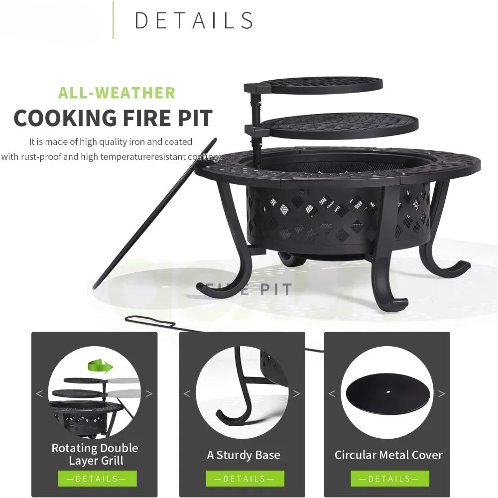 "36" Outdoor Wood Burning Fire Pit with Dual BBQ Grills"