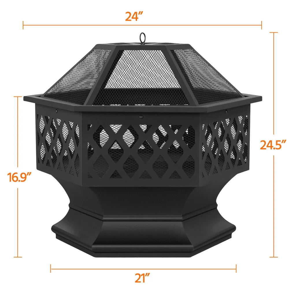 Heavy Duty Metal Fire Pit Hexagon Stove with Poker for Outdoor, Black