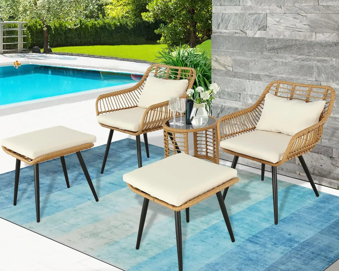 "Outdoor Bistro Set with Rattan Chairs and Side Table"