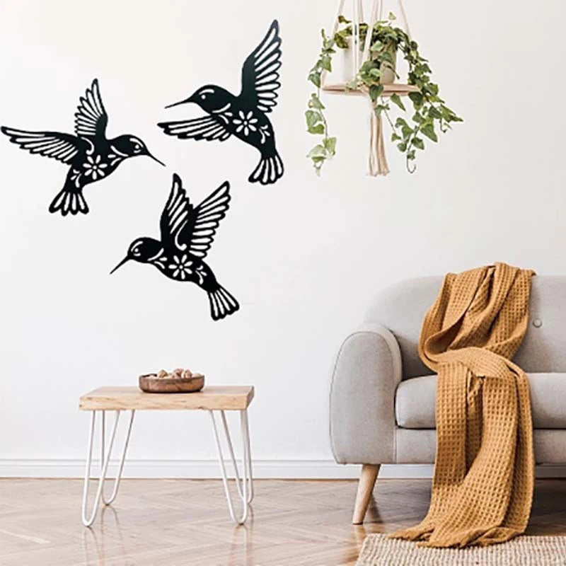 3pc Black Metal Hummingbird Wall Decor