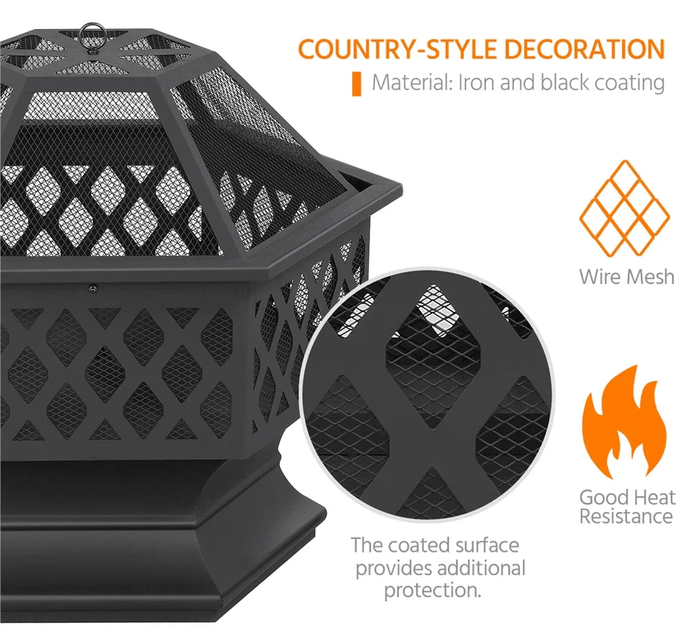 Heavy Duty Metal Fire Pit Hexagon Stove with Poker for Outdoor, Black