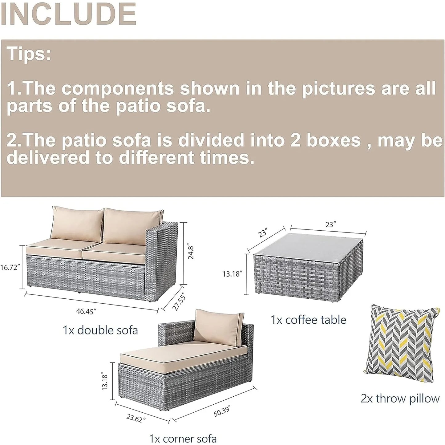 "3-Piece Outdoor Rattan Wicker Sectional Sofa Set, Small Conversation Couch"