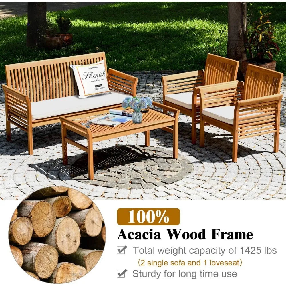 "4 Piece Acacia Wood Sofa Set with Water-Resistant Cushions"