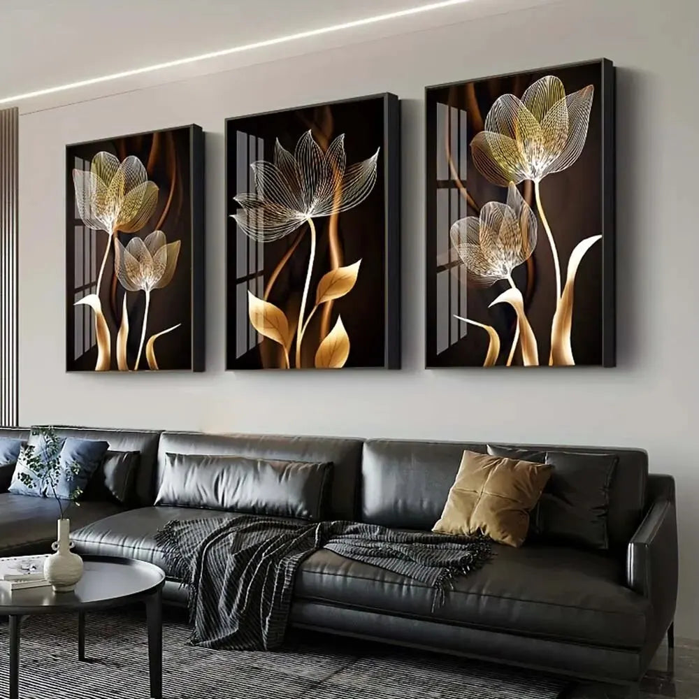 Black and Golden Flower Wall Art Canvas Painting