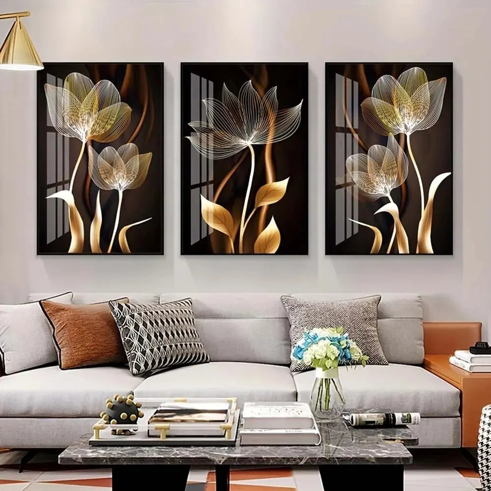 Black and Golden Flower Wall Art Canvas Painting