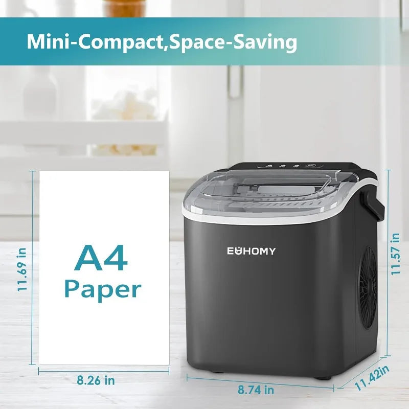 EUHOMY Countertop Ice Maker: 26lbs/24Hrs, 9 Cubes in 6 Mins, Auto-Cleaning, Portable