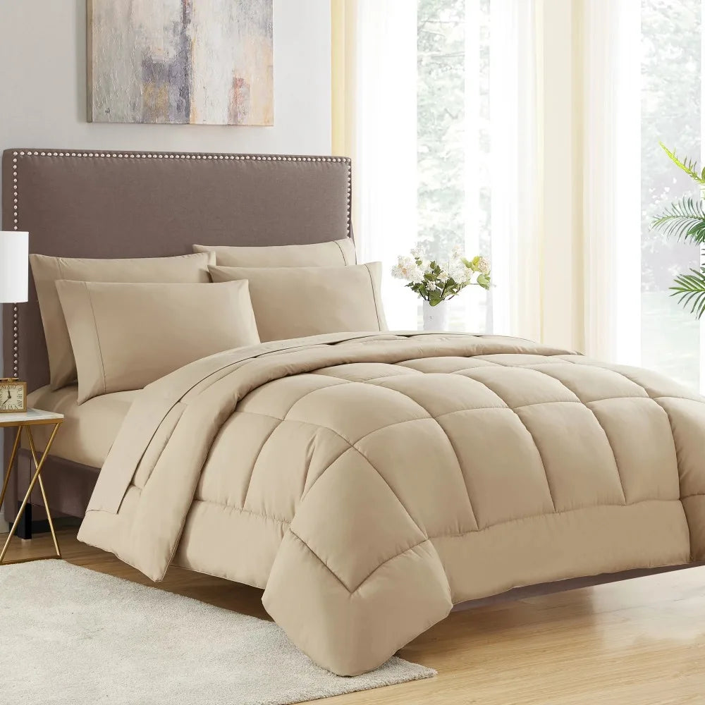 7 Piece Queen Bed Set - Taupe, Down Alternative