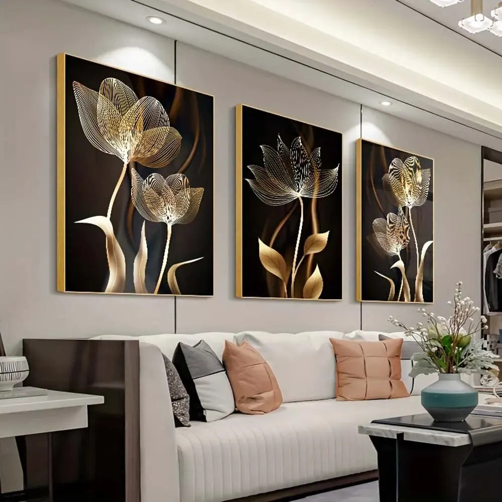 Black and Golden Flower Wall Art Canvas Painting