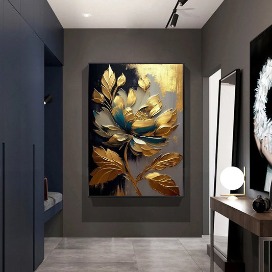 Luxury Golden Blossoms Chrysanthemum Lotus Canvas Painting