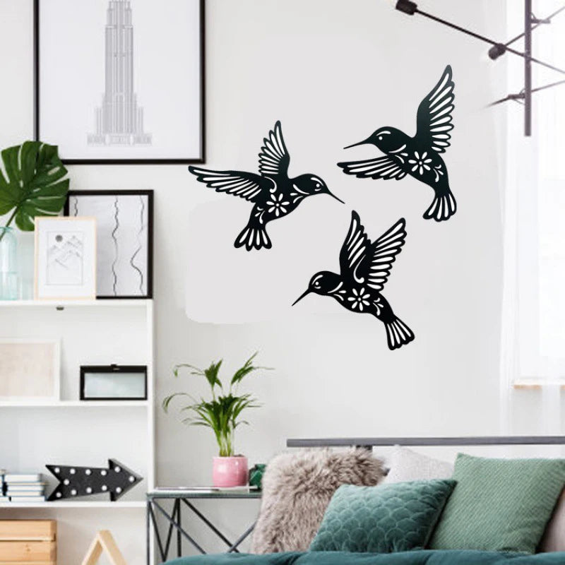 3pc Black Metal Hummingbird Wall Decor